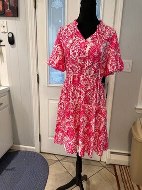 Pink & White Printed Midi Dress with V-Neck